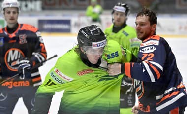 Na snímke zľava Brenden Miller (Žilina) a Michal Kabáč(Michalovce) počas šarvátky v dohrávke 38. kola hokejovej Tipos extraligy HK Dukla Ingema Michalovce - DOXXbet Vlci Žilina 22. januára 2025 v Michalovciach.