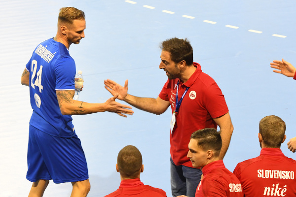 Na snímke v pozadí zľava Martin Straňovský (Slovensko) a reprezentačný tréner Slovenska Fernando Gurich v zápase 2. skupiny druhej fázy kvalifikácie ME 2024 Slovensko - Srbsko.