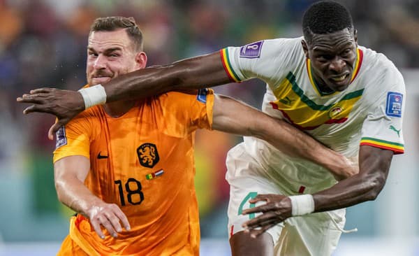 Holandský futbalista Vincent Janssen (vľavo) a hráč Senegalu Pape Abou Cisse bojujú o loptu počas zápasu základnej A-skupiny Senegal - Holandsko.