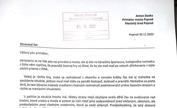 Otvorený list adresovaný primátorovi mesta Poprad Antonovi Dankovi.