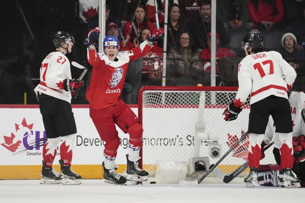  Na snímke uprostred český hráč Jaroslav Chmelař oslavuje gól medzi hráčmi Kanady, vľavo Jack Matier a vľavo Colton Dach.