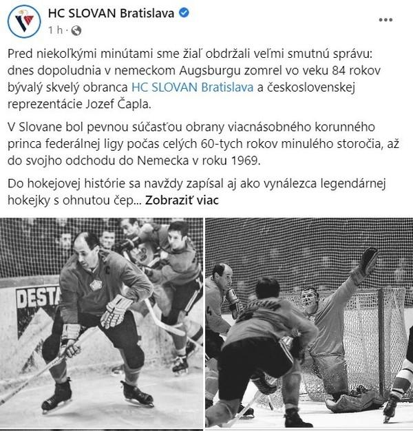 O smrti Jozefa Čaplu informoval HC Slovan Bratislava.