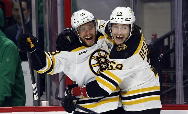 Hokejista David Pastrňák (88) z Bostonu Bruins sa teší z gólu so spoluhráčom Tylerom Bertuzzim počas zápasu.