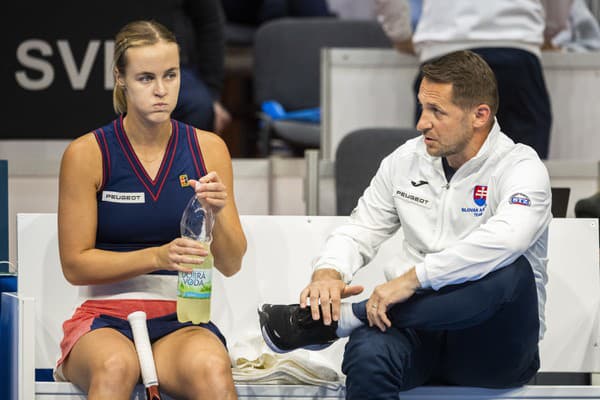 Na snímke Slovenka Anna Karolína Schmiedlová a kapitán tímu Matej Lipták počas zápasu kvalifikácie na finálový turnaj Pohára Billie-Jean Kingovej Anna Karolína Schmiedlová - Camila Giorgiová.