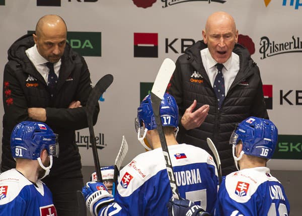 Na snímke zľava asistent trénera Ján Pardavý a tréner slovenskej hokejovej reprezentácie Craig Ramsay.