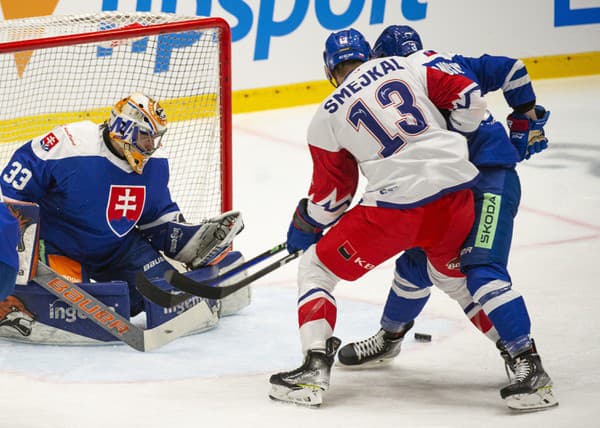 Na snímke zľava brankár Stanislav Škorvánek (Slovensko), Jiří Smejkal (Česko) a Adam Jánošík (Slovensko).