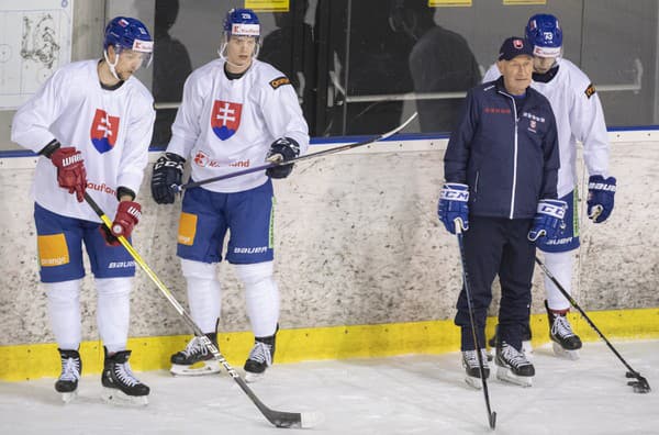 Na snímke zľava Martin Gernát, Michal Ivan, tréner   Craig Ramsay a Michal Beňo počas tréningu slovenskej hokejovej reprezentácie v Bratislave.