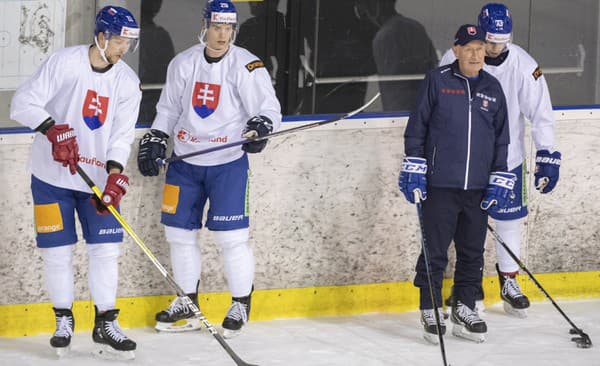 Na snímke zľava Martin Gernát, Michal Ivan, tréner   Craig Ramsay a Michal Beňo počas tréningu slovenskej hokejovej reprezentácie v Bratislave.