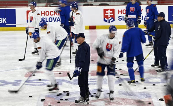 Na snímke dole uprostred hlavný tréner slovenskej hokejovej reprezentácie Craig Ramsay sleduje tréning.