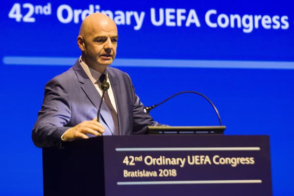 Prezident Medzinárodnej futbalovej federácie Gianni Infantino počas príhovoru na riadnom Kongrese UEFA v priestoroch Incheba Expo Aréna v Bratislave v roku 2018.