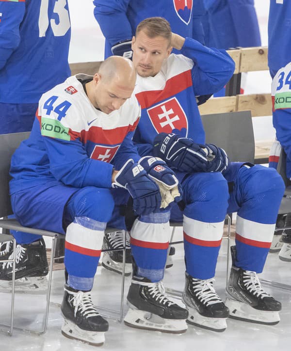 Slovenskí hokejisti Mislav Rosandič  (vľavo) a Richard Pánik po spoločnom tímovom fotení na 86. majstrovstvách sveta.