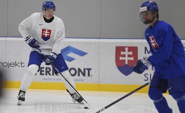 Útočník Jakub Demek (vľavo) počas tréningu slovenskej hokejovej reprezentácie do 20 rokov. 