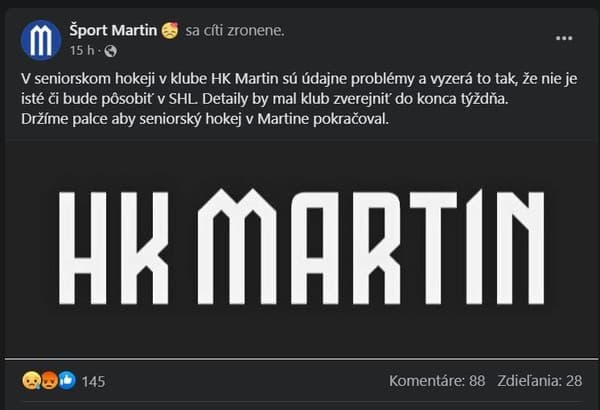 Príspevok stránky Šport Martin na sociálnej sieti informoval o problémoch klubu.