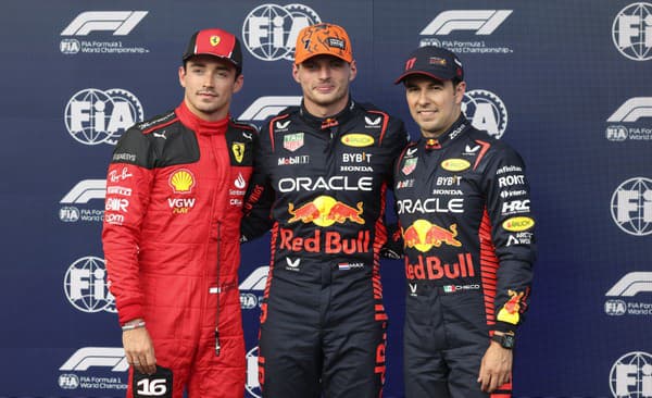 Max Verstappen, Charles Leclerc a Sergio Perez