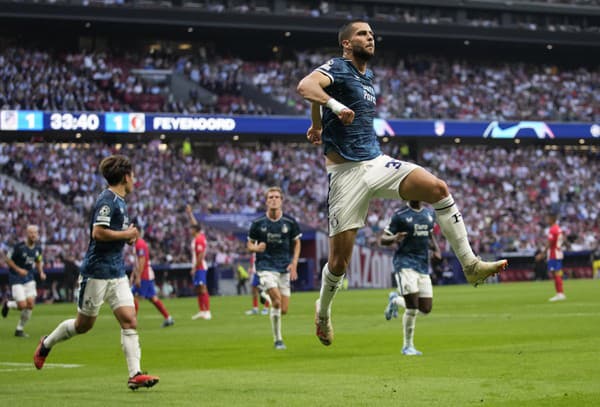 Slovenský futbalista Dávid Hancko z Feyenoordu sa teší z gólu počas zápasu 2. kola E-skupiny Ligy majstrov Atletico Madrid - Feyenoord Rotterdam.