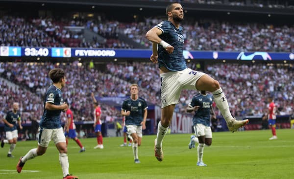 Slovenský futbalista Dávid Hancko z Feyenoordu sa teší z gólu počas zápasu 2. kola E-skupiny Ligy majstrov Atletico Madrid - Feyenoord Rotterdam.