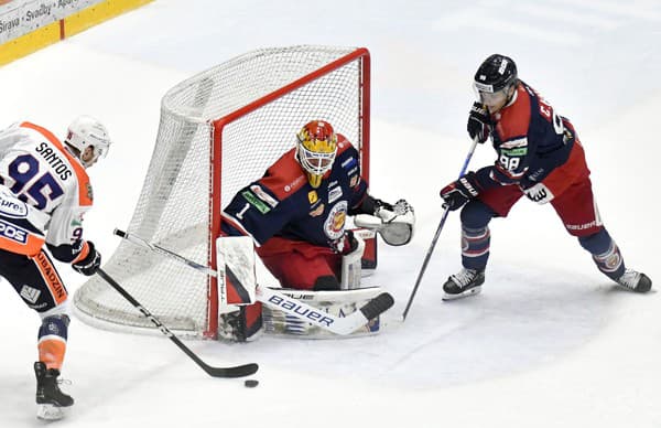 Na snímke zľava Mathew Lee Santos (Michalovce), brankár Jake Kupsky a Cole Hults  (obaja Zvolen).