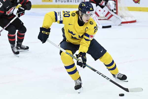 Na snímke švédsky hokejista Liam Öhgren v zápase A-skupiny majstrovstiev sveta hokejistov do 20 rokov.