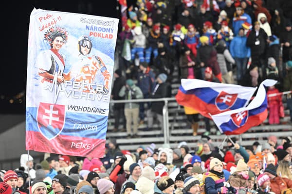 Slovenskí fanúšikovia zobrazili na transparente Peťu ako súcu devu na výdaj.