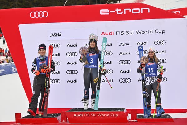 Stupeň víťazov v Jasnej: Zľava druhá Mikaela Shiffrinová, uprostred víťazka Sara Hectorová a vpravo tretia Alice Robinsonová.