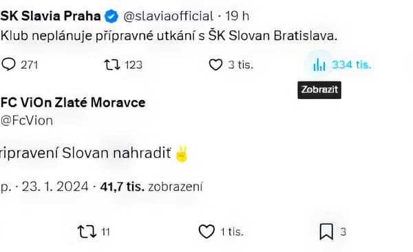 Na sociálnej sieti X sa zrodil prípravný zápas Slavie so Zlatými Moravcami