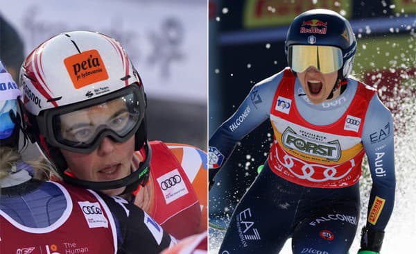 Na snímke Petra Vlhová objíma Shiffrinovú (vľavo) a Sofia Goggiová.