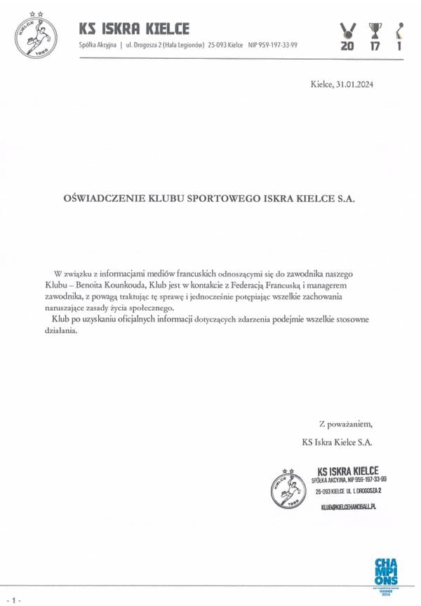 Klub Industria Kielce vydal vyhlásenie, v ktorom odsúdil čin svojho hráča a prijme príslušné opatrenia.