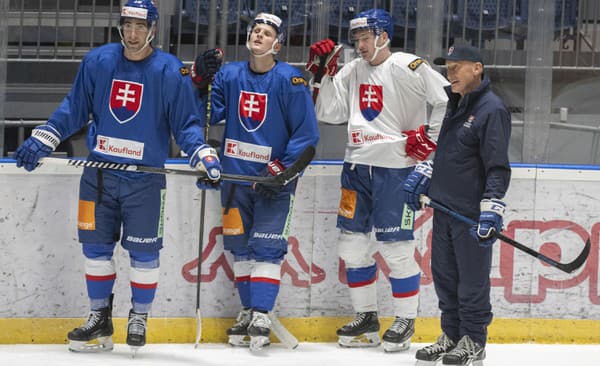 Sprava tréner slovenskej hokejovej reprezentácie Craig Ramsay a jeho zverenci Oliver Okuliar, Matej Kašlík a Andrej Kudrna počas tréningu na reprezentačnom zraze v Bratislave.