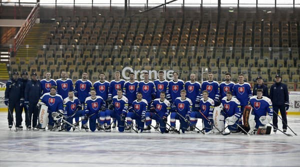 Slovenská hokejová reprezentácia počas fototermínu pred štartom prvého týždňa prípravy na svetový šampionát.