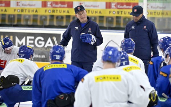 Na snímke zľava hore tréner slovenskej hokejovej reprezentácie Craig Ramsey a jeho asistent Ján Pardavý s hráčmi na tréningu.