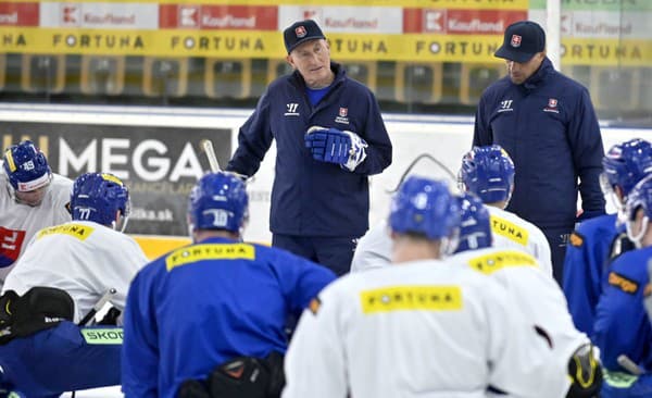 Zľava hore tréner slovenskej hokejovej reprezentácie Craig Ramsey a jeho asistent Ján Pardavý s hráčmi na prvom tréningu.