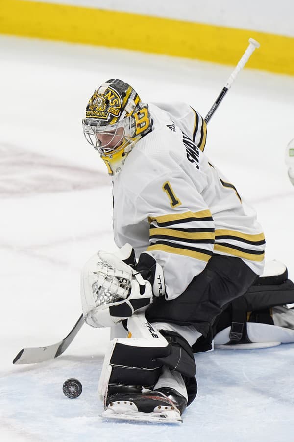 Brankár Bostonu Jeremy Swayman má veľkú zásluhu na výhre Bruins.