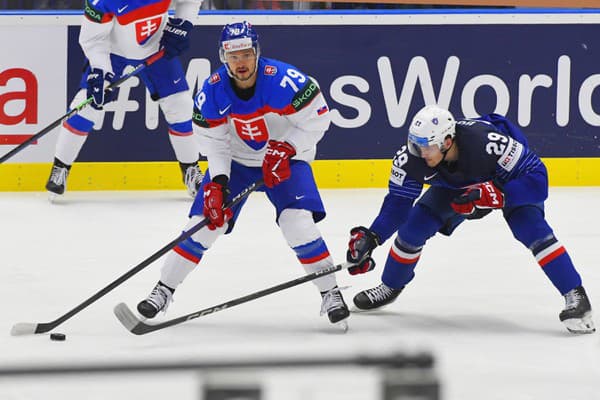 Na snímke vľavo Libor Hudáček (Slovensko) a Louis Boudon (Francúzsko) v zápase B-skupiny Francúzsko - Slovensko