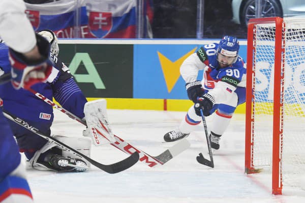 Na snímke vpravo Tomáš Tatar (Slovensko) a brankár Sebastien Ylonen (Francúzsko).