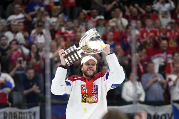 Český hokejista David Pastrňák dvíha nad hlavu trofej po výhre vo finálovom zápase.