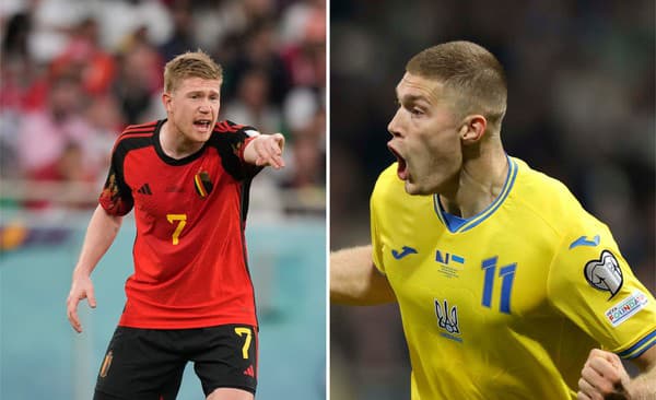 Belgičan Kevin De Bruyne a ukrajinský kanonier Artem Dovbyk. 