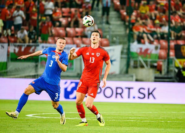 Zľava: Denis Vavro zo Slovenska a Kieffer Moore z Walesu počas zápasu. 