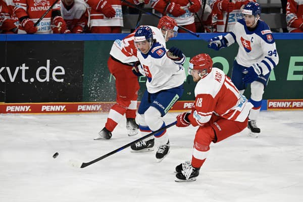 V popredí vpravo Nikolaj Krag-Christiansen (Dánsko) a vľavo v popredí Kristian Pospíšil (Slovensko) počas zápasu Dánsko - Slovensko na turnaji o Nemecký pohár v Landshute