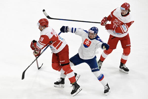 Zľava Martin Larsen (Dánsko), Adam Žiak (Slovensko) a Lucas Andersen (Dánsko) počas zápasu Dánsko - Slovensko na turnaji o Nemecký pohár v Landshute 