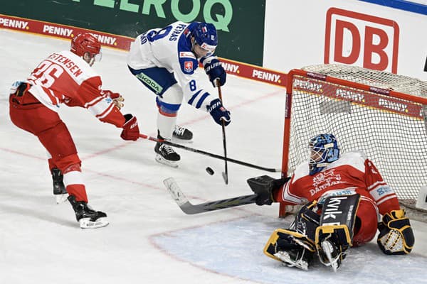 Zľava Nikolaj Carstensen (Dánsko), Šimon Petráš (Slovensko) a brankár Mathias Seldrup (Dánsko) počas zápasu Dánsko - Slovensko na turnaji o Nemecký pohár v Landshute 