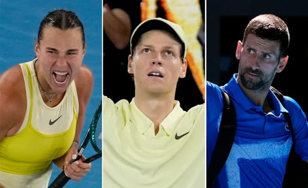 Na snímke sú zľava Aryna Sabalenková, Jannik Sinner a Novak Djokovič. 